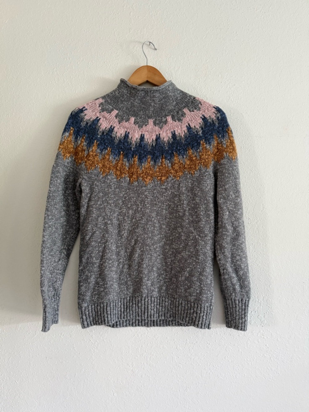 L.L. Bean Gray Knit Sweater with Pink and Navy Accents